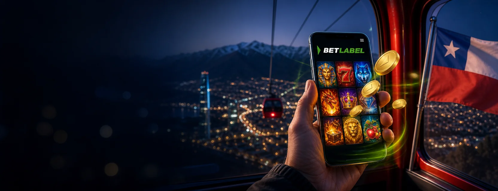 Mano con un celular con el lobby de BetLabel Casino dentro de una cabina del teleférico sobre Santiago al atardecer