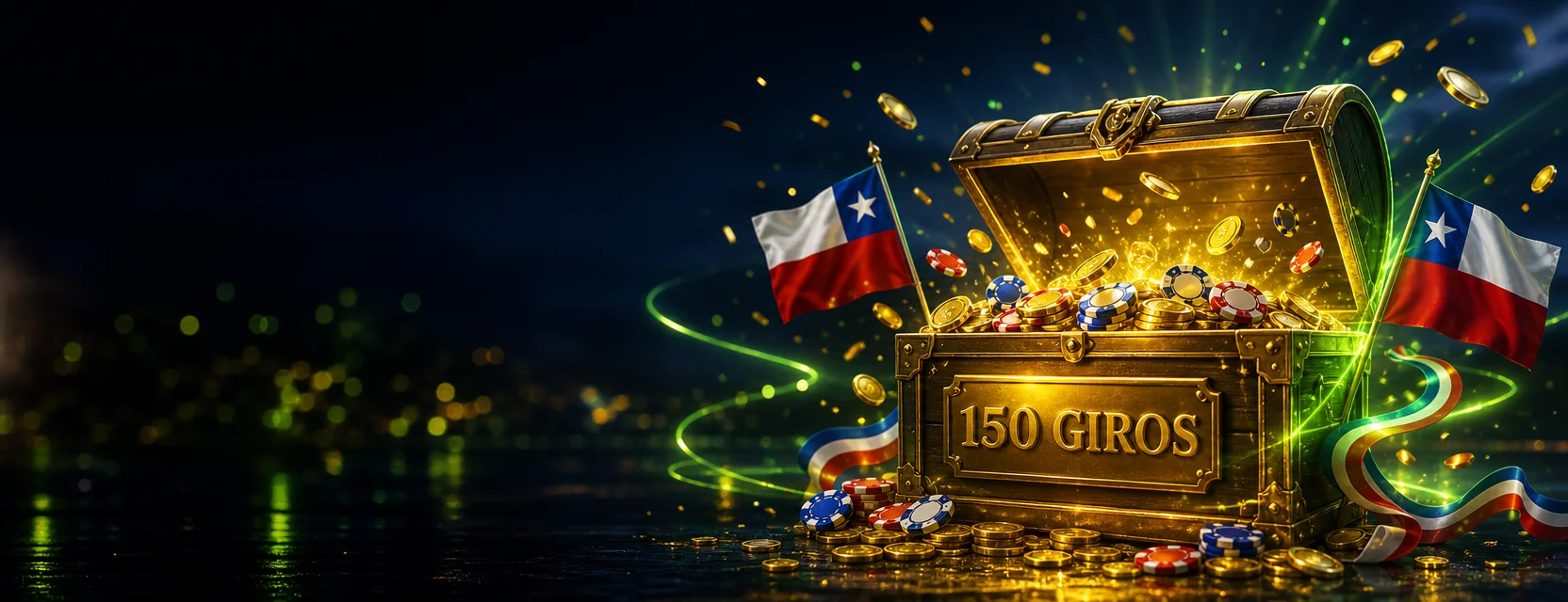 Cofre dorado que se abre con monedas de oro y fichas rojas, blancas y azules, con una placa que dice 150 GIROS