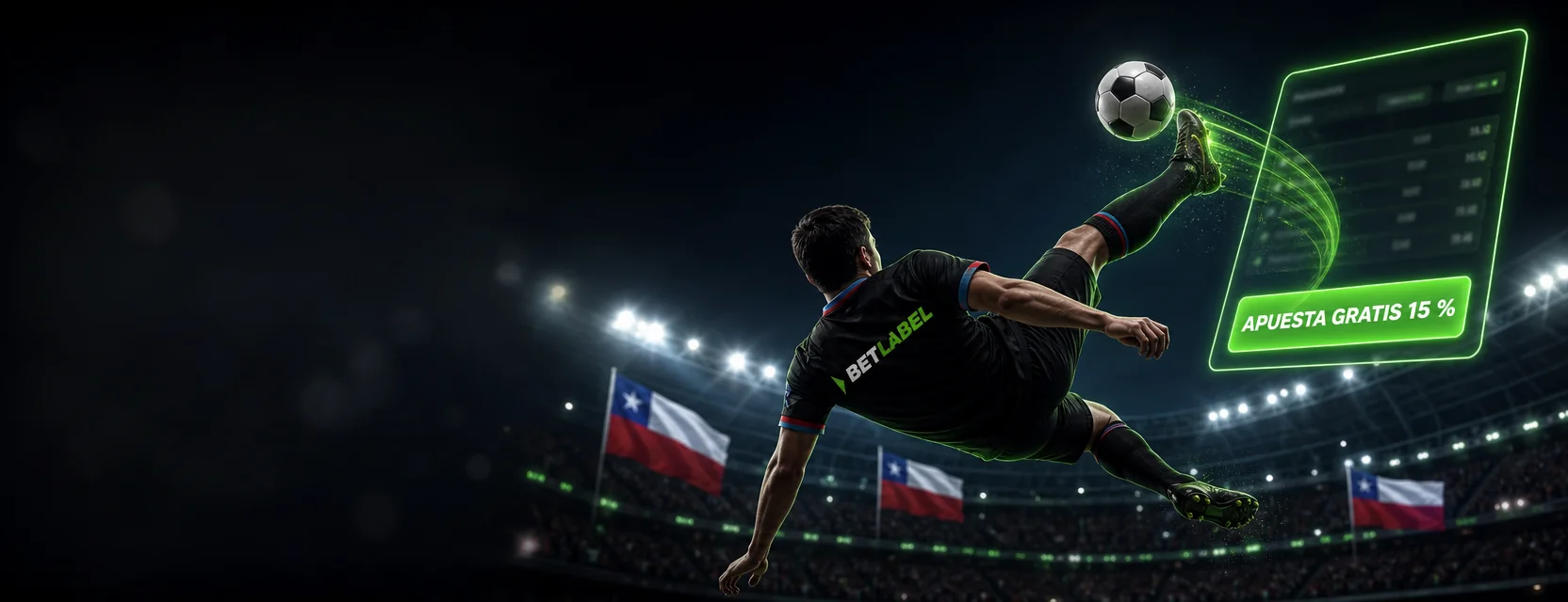 Jugador con camiseta negra y el logo de BetLabel que remata de chilena hacia un cupón luminoso con el botón APUESTA GRATIS 15 %
