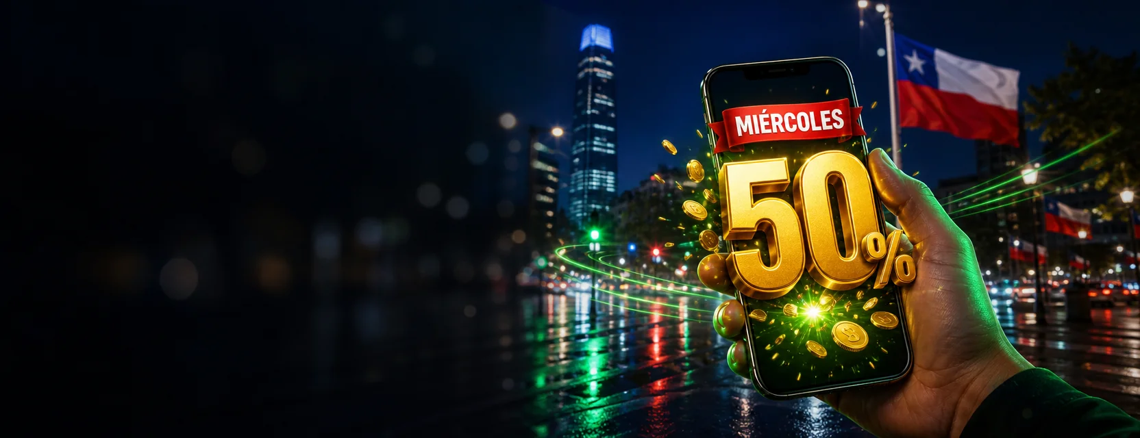 Mano con un celular en una calle de Santiago de noche, con un 50 % dorado que sale de la pantalla y la palabra MIÉRCOLES