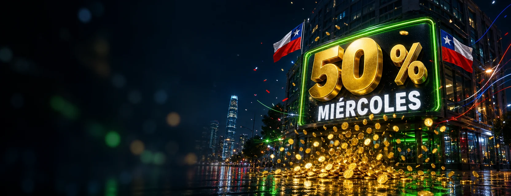 Pantalla gigante en un edificio de Santiago de noche que muestra un 50 % dorado y la palabra MIÉRCOLES, con monedas que caen a la calle