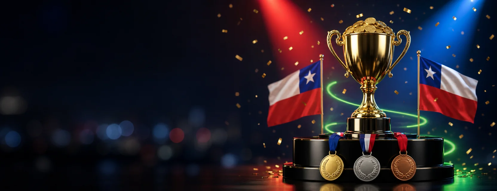 Trofeo dorado lleno de monedas sobre un podio negro bajo focos rojos y azules, con medallas de oro, plata y bronce