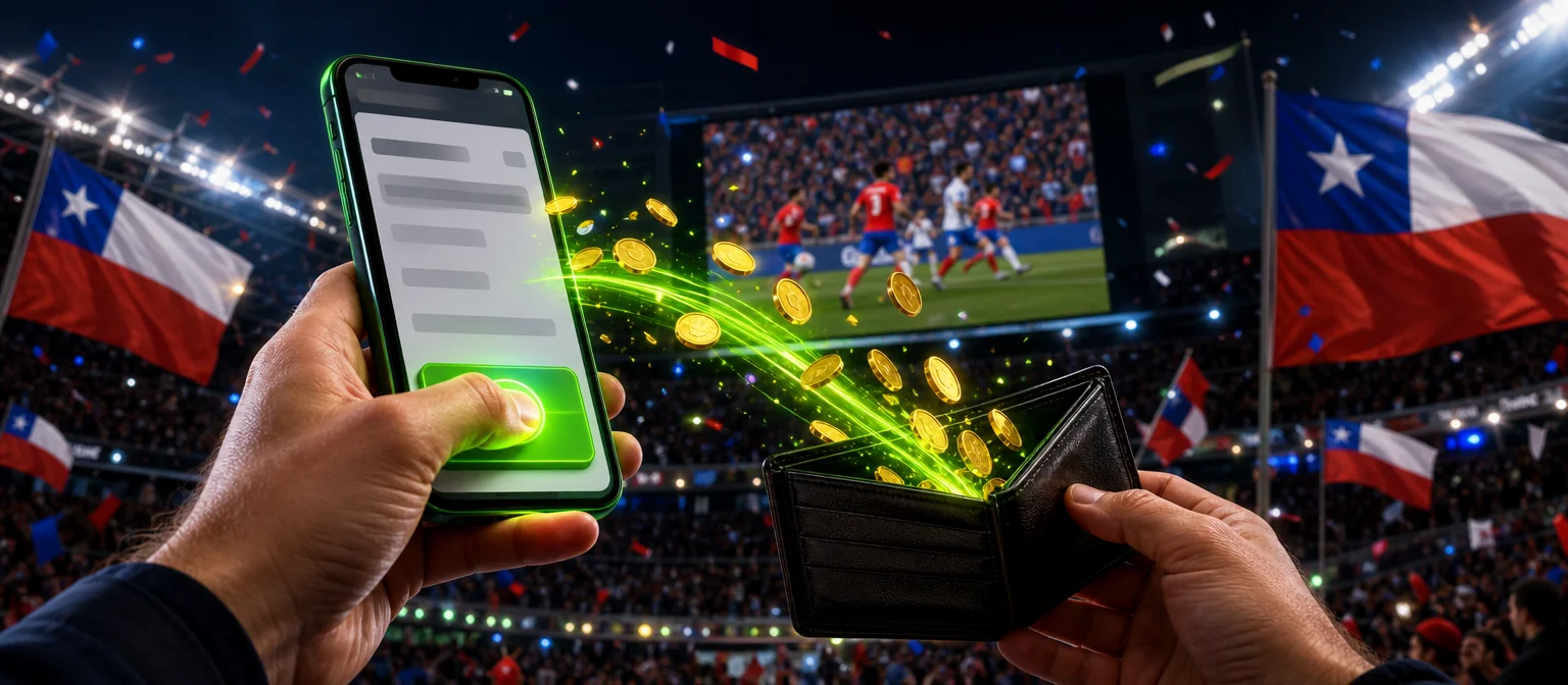 Pulgar que presiona un botón verde en un celular con el cupón de apuestas mientras las monedas vuelven a una billetera, con un partido en la pantalla gigante Pulgar que presiona un botón verde en un celular con el cupón de apuestas mientras las monedas vuelven a una billetera, con un partido en la pantalla gigante