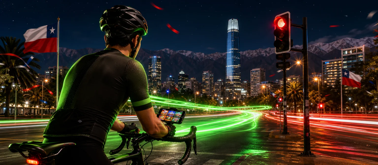 Ciclista detenido en un semáforo en rojo de Santiago de noche que revisa el lobby de juegos en un celular montado en el manubrio Ciclista detenido en un semáforo en rojo de Santiago de noche que revisa el lobby de juegos en un celular montado en el manubrio