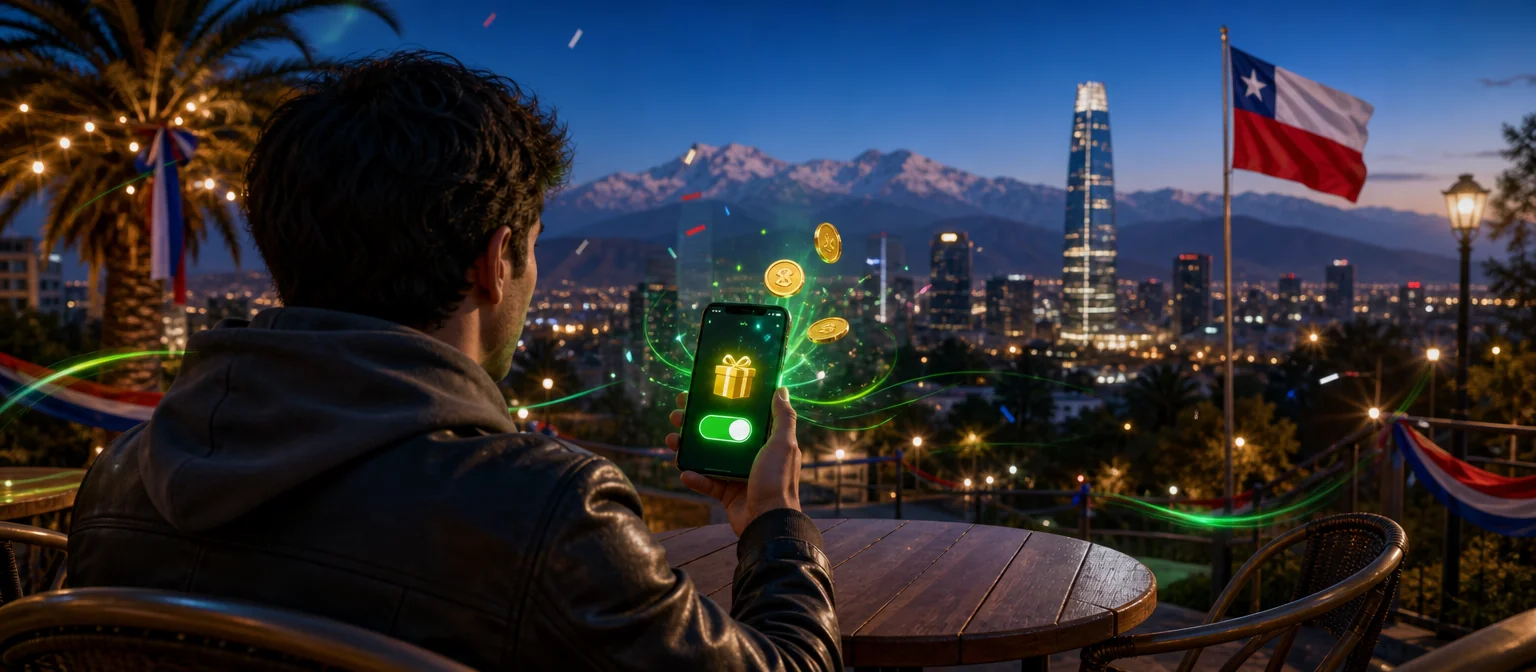 Persona de espaldas en una terraza de Santiago al atardecer que activa una oferta en el celular, con un interruptor verde encendido Persona de espaldas en una terraza de Santiago al atardecer que activa una oferta en el celular, con un interruptor verde encendido