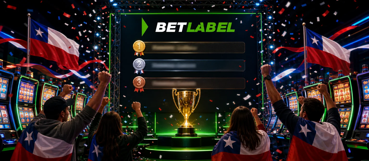 Final de un torneo de tragamonedas en un escenario: pantalla LED con el logo de BetLabel y medallas, trofeo y jugadores de espaldas Final de un torneo de tragamonedas en un escenario: pantalla LED con el logo de BetLabel y medallas, trofeo y jugadores de espaldas