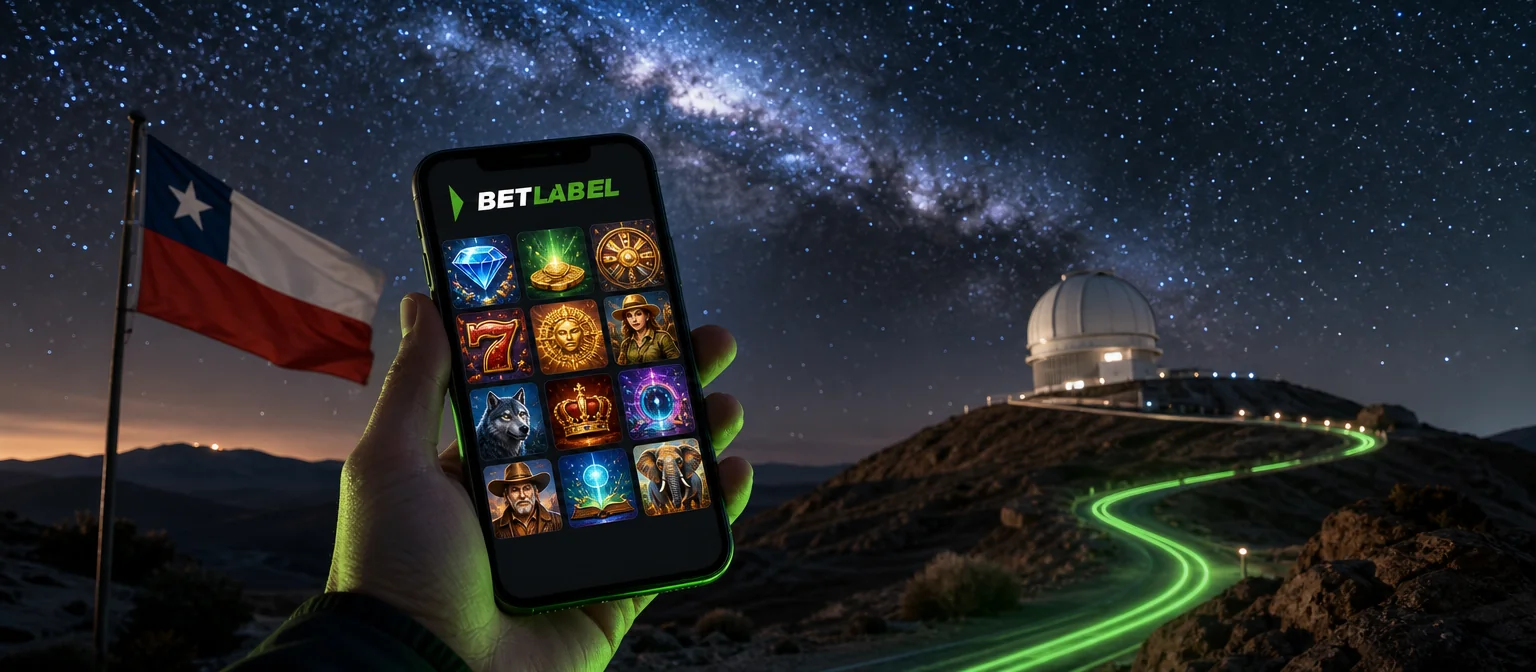 Mano con un celular que muestra el sitio móvil de BetLabel bajo la Vía Láctea en el desierto de Atacama, con un observatorio al fondo Mano con un celular que muestra el sitio móvil de BetLabel bajo la Vía Láctea en el desierto de Atacama, con un observatorio al fondo